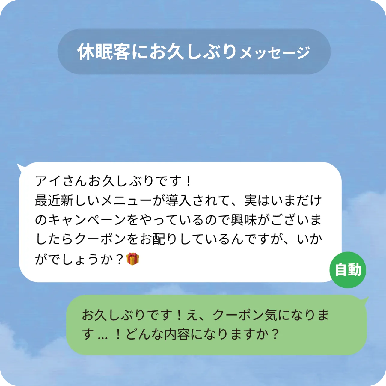 休眠客への自動お久しぶりメッセージと顧客の返信例